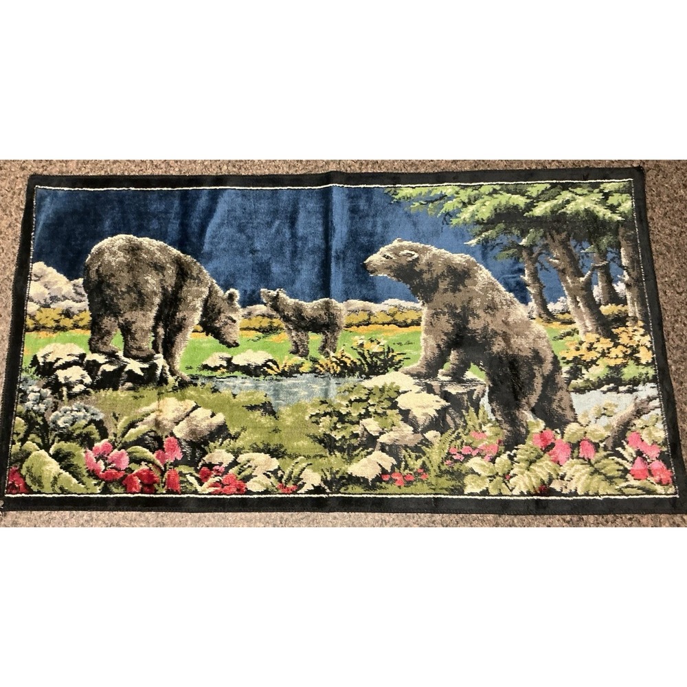 Vintage Italian Velveteen Tapestry Wall Hanging Wildlife Scene Bears 20"x37"